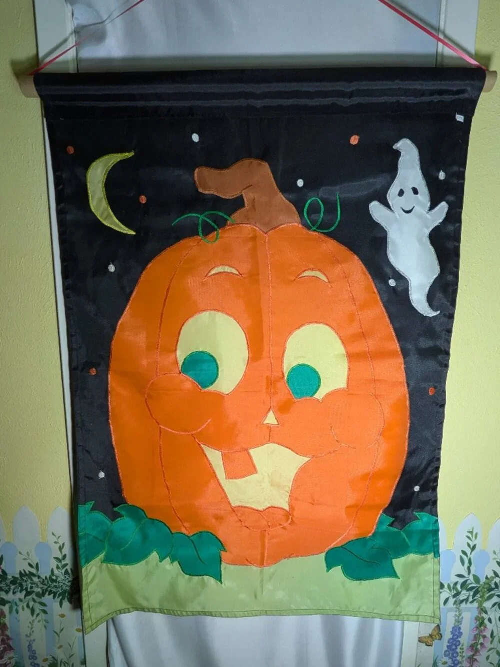 Vintage Applique Halloween Pumpkin Ghost House Flag Large Embroidered Banner